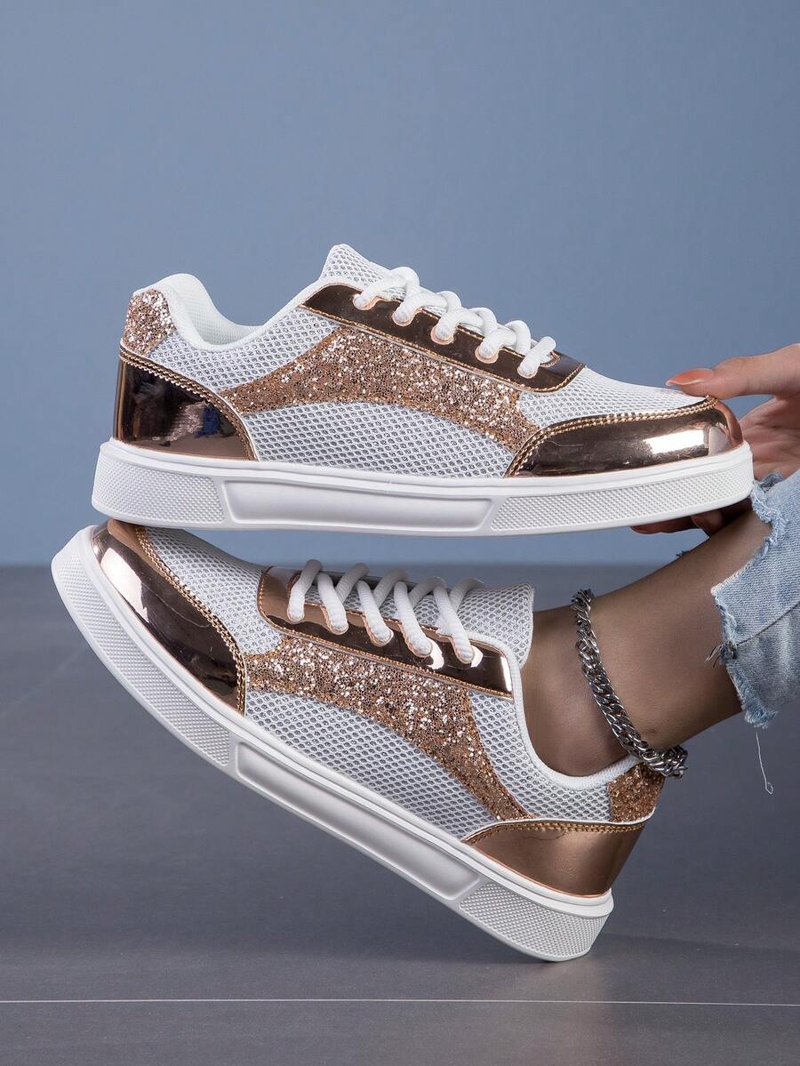 Spring/Summer New Round Toe Lace-Up Rose Gold Shiny Sneakers For Women, Academic Style Breathable Athletic Sports Shoes, Comfortable Fashion Student - Rose Gold - View 1