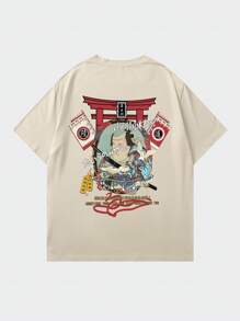 Shwiy Men's Street Stylish Tokyo Ancient Architecture & Samurai Print Short Sleeve White T-Shirt With Japanese Text, Suitable For Daily, School Wear And Gifts, For Back To School