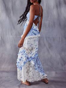 Summer Boho Maxi Dresses For Women Casual Y2k Floral Print Sleeveless Lace Patchwork Backless Ruffles Long Dress Spaghtti Strap Sling Dress Beach Vacation Sundress Streetwear Flowy Swing Dress - 藍色 - 查看 5