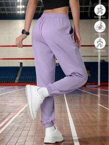 1pc Women's Solid Color Pocket Casual Everyday All-Match Sports Pants, Drawstring Waist Knit Fabric, Suitable For Hiking, Running, Outdoor, Cycling