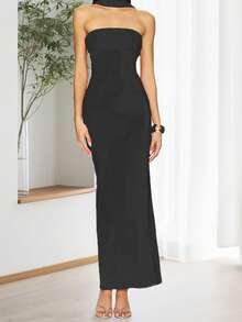 Women's Summer Long Tube Dress Solid Color Strapless Ruched Slit Hem Backless Bodycon Dress With Scarf - 黑色 - 查看 4