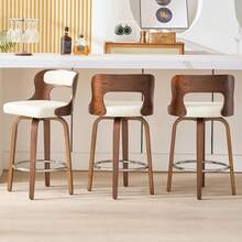 [Bar Stools]3-Piece 26" Counter Height Bar Stool Set - Mid-Century Modern Design With 360° Swivel, Walnut Veneer & Faux Leather Seat, Ergonomic Solid Backrest For Kitchen Island, Home Bar, Breakfast Nook, White - 白色 - 查看 1