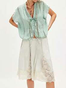 Women Summer Boho Tie Front Tank Top Lace Beach Vacation Y2k Coquette Button Down Short Sleeve Blouse Low Cut V-Neck Flowy Peplum Shirt Crop Tops Going Out Tops - 綠色 - 查看 3