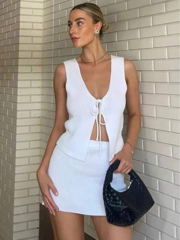 2pcs Solid Color Sexy Sleeveless Tank Top And Mini Skirt Set, Summer