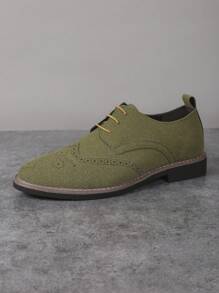 Men's Matte Lightweight Brogue Decorative Round Toe Low Top Lace-Up Low Heel Casual Leather Shoes, Youth Student Everyday Wear, All Season
