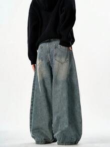 1 pieza Vaqueros de hombre con pierna ancha y ajuste suelto con efecto desgastado vintage, de moda y versátiles