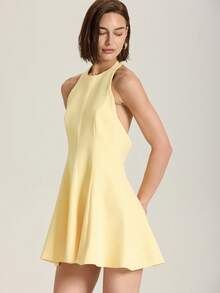 女式简约露背露背短裙，奶油黄色，夏季 - 黃色 - 查看 5