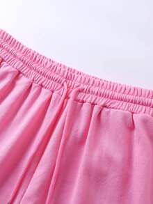 2025 Rave Party Outfit: 2pcs Neon Pink Women's Set | Cropped Sports T-Shirt And Shorts, Casual Sporty Style, Music Festival Essential, Streetwear, European Autumn Fashion, Back To School, Nightclub Attire, Going Out Look - Pink - View 10