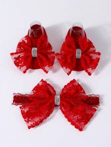 1pc Baby Solid Color Bow Headband + 1 Pair Anti-Slip Floor Socks Prewalker Socks - Burgundy - View 1