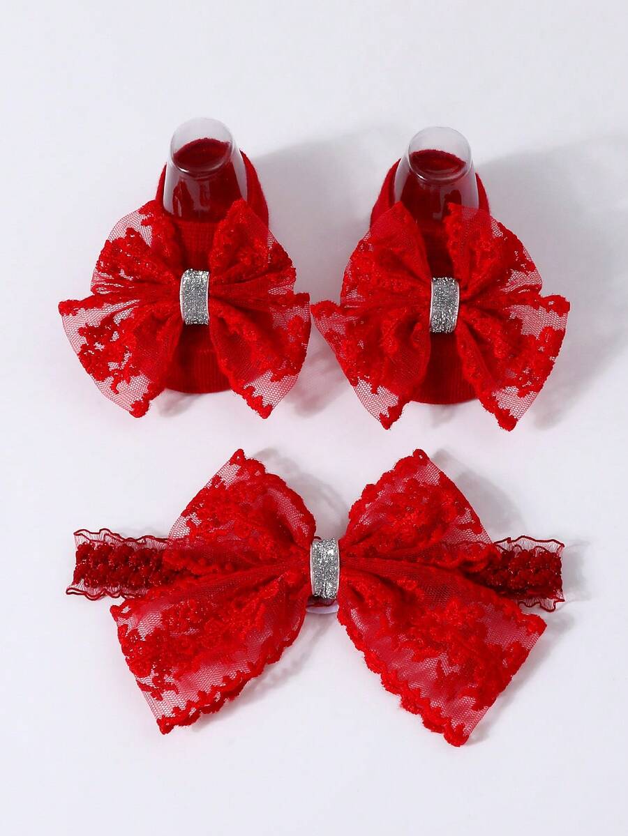 1pc Baby Solid Color Bow Headband + 1 Pair Anti-Slip Floor Socks Prewalker Socks - Burgundy - View 1