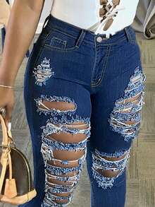 Plus Size Summer Ripped Frayed Skinny Denim Jeans Casual Spring - Dark Wash - View 7