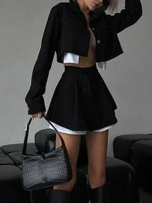 Women's High Waist Pleated Loose Casual Skorts, Color Blocking - Black and White - View 3