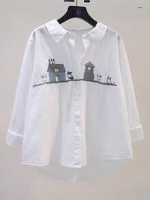 Women's Cartoon Cat Print Long Sleeve Single-Breasted Casual Shirt - White - View 1