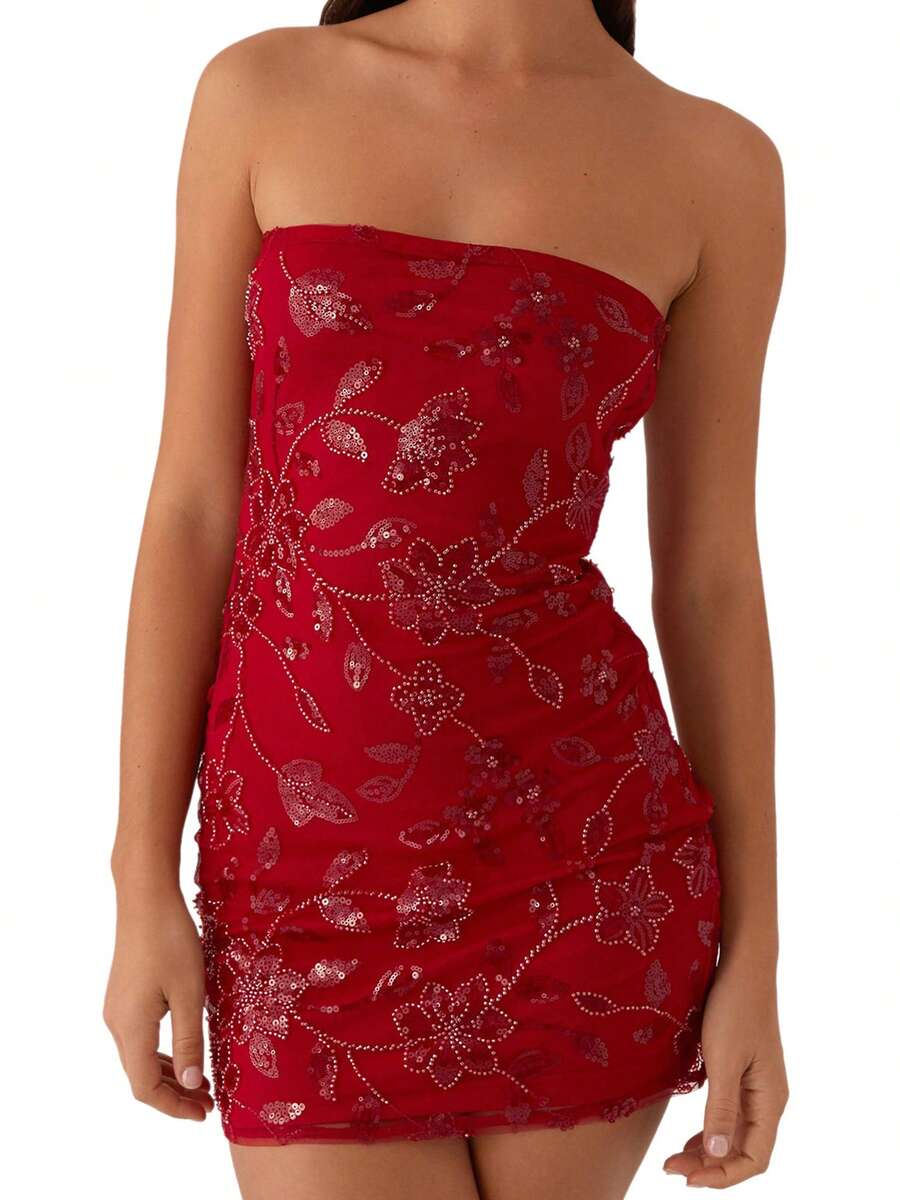 Sequin Beaded Floral Dress Sexy Women Strapless Tube Dress Y2K Off The Shoulder Mini Dress Sparkly Glitter Bodycon Short Dress Bandeau Dress Party Clubwear - 紅色 - 查看 1