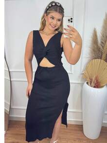 Women's Midi Dress, Two Ways To Wear, Knot At The Back Or Front With Slit On The Sides, Ribbed Knit - màu đen - Xem 2