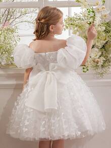 Young Girl Elegant Puff Sleeve Dress, Multi-Color Bow Tulle Princess Dress, Suitable For Girls' Birthday Party, Wedding, Bridesmaid, Holiday Occasions - White - View 5