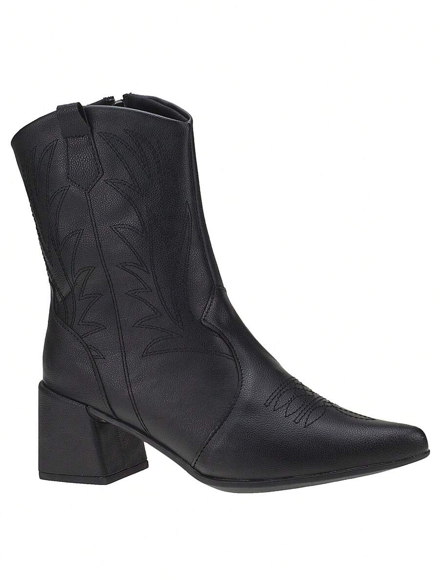 Naty Shoes Women's Western Texan Boot Short Shaft Embroidered Block Heel Autumn Winter - 黑色 - 查看 1