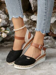 Women's Plus Size Closed Toe Chunky Platform Back Strap Black Sandals, New Summer Splice Color Elastic Band Rope Bottom Roman Style Sandals - Black - View 3