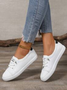 Plus Size Women White Sneakers, Fashion Flat Casual Lace-Up Sport Shoes For School, Versatile Trainers (Please Order One Size Up As The Shoes Run Small)