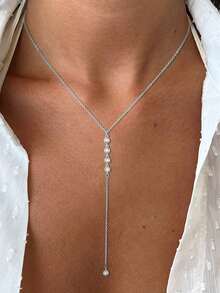 1 件时尚复古 Y 形长项链，女式简约几何水钻流苏百搭项链适合日常佩戴、派对、礼物 - 銀色 - 查看 1