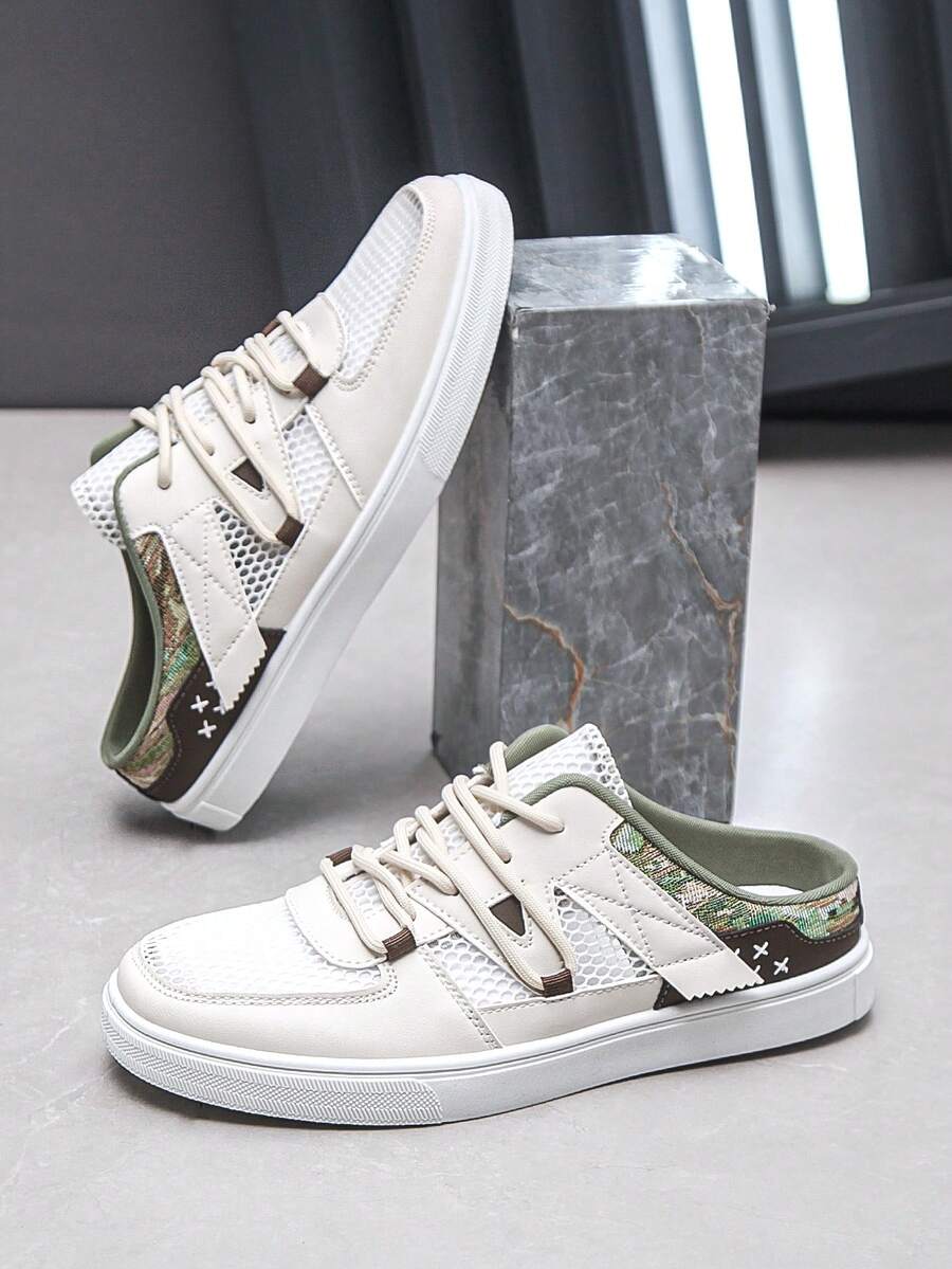 男士时尚休闲运动鞋，透气低帮一脚蹬运动鞋 - 白色 - 查看 1