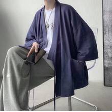 Japanese-Style Cardigan For Men, 3/4 Sleeve, Cardigan, Coat, Plain, Summer Festival, Japanese Style, Haori, Front Opening Shirt, Stylish Shirt, Lightweight, Breathable, Summer, Spring, Autumn, Air Conditioning Protection, Large Size - 藍色 - 查看 4