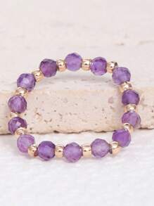 1pc European Style Jewelry, Natural Beryl Carved Beaded Elastic Ring For Women