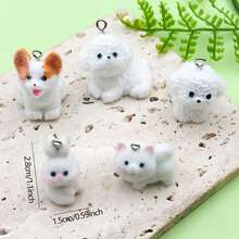 2/5 件可爱树脂柯基犬泰迪兔雕像饰物，带毛绒树脂 3D 动物吊坠，适用于 DIY 钥匙扣手链项链耳环珠宝制作工艺品配件 - 白色 - 查看 5