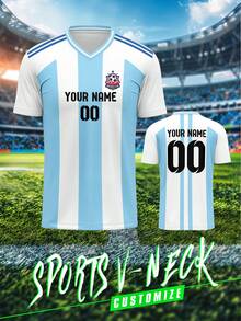 Customized Soccer Jerseys, 1pc/Set Men's Sports Team Club Training V-Neck Football Shirt, Front & Back Printed Name, Number, Logo, Comfortable For Daily, Casual, Party, Gathering