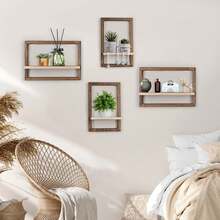 4 Pcs Vintage Wooden Wall Shelf, Floating Shelves For Wall, Rustic Floating ShelvesWood Wall Shelves, Square Display For Photos, Candles, Flowers, Albums & PottedPlants -Ldeal For Living Room & Office Decor - 棕色 - 查看 2