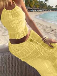 Conjunto de vestido maxi con camisola sin espalda, de gasa con volantes multicapa y encaje, elegante y romántico de 2 piezas, adecuado para Navidad, fiestas, gótico, boda y otras ocasiones - Amarillo claro - Ver 2