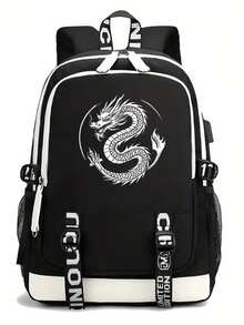 Fashion Dragon Print Backpack - Lightweight Large Capacity School Bag, Adjustable Straps, Dragon Pattern Design, Unisex Durable Casual Commute Travel Backpack | Creative Pattern Backpack | Durable Nylon Backpack - Black - View 10