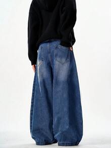 1pc Justice Brother Vintage Washed Loose Fit Wide Leg Jeans, Fashionable & Versatile American Style - Royal Blue - View 5
