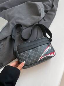 Stylish Men Casual Plaid Shoulder Sports Sling Bag, Fashionable Crossbody Square Man Bag, Unique Shark Mouth Design Luxury Bags Small Bag For Men Body Bag For Men Side Bag