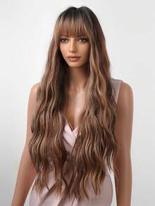 Tóc giả xoăn màu nâu thanh lịch dài 28 inch có mái, phù hợp cho nữ - Tóc giả tổng hợp mềm mại, chịu nhiệt, phù hợp cho tạo kiểu hàng ngày và các dịp đặc biệt, kiểu tóc đa năng, tóc xoăn gợn sóng ngang vai. - Màu nâu highlight - Xem 6