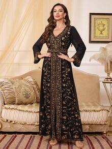 女士长袖串珠二合一长袍 - 黑色 - 查看 4