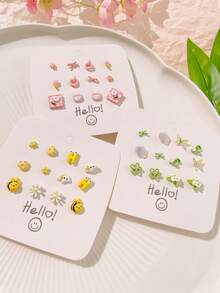 1 套桃花花卉粉色泰迪熊耳环 - 彩色 - 查看 3