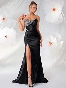 ADYCE Small V-Neck Asymmetric Rhinestone Embellished High Waist Slit Open Back Tie-Up Ball Gown Evening Party Dress - Black - View 1