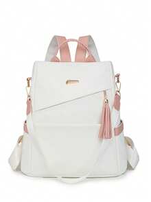 女士时尚休闲大容量背包，带流苏吊坠，轻巧防盗设计，适合旅行 - 白色 - 查看 4