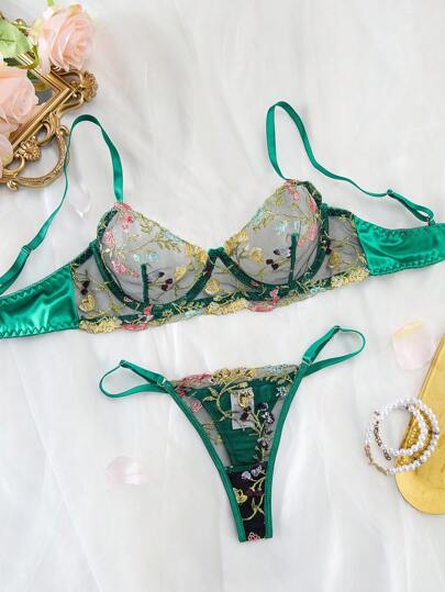 Women Groen Bloemen Geborduurde Mesh Verleidelijke Lingerie Set Includes Sensual Thong, Intimate Valentine, Ultrathin BH view 2