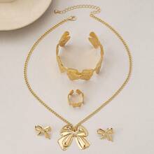 5pcs/Set European Vintage Style Bowknot Earrings, Necklace, Open Bracelet, Ring Jewelry Set