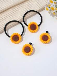 4pcs/Set Girls' Countryside Resin Yellow Sunflower Style Hair Clips & Hair Bands - Yellow - View 4