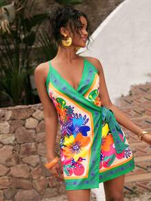 2025 Spring/Summer Tropical Floral Print Vacation Tie Front Camisole Mini Dress - Green - View 5