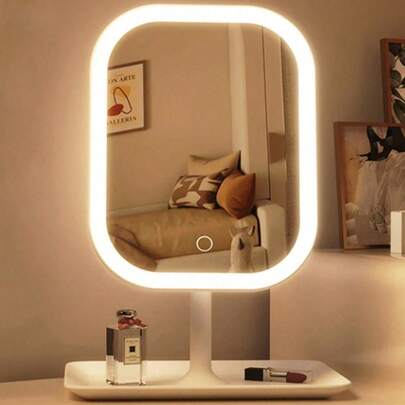 1 pieza Espejo de Maquillaje LED Cuadrado Iluminado, con Base Cuadrada,  Lindo, Portátil, Desmontable, de Alta Definición y Función de Relleno Táctil, Espejo de maquillaje ﻿