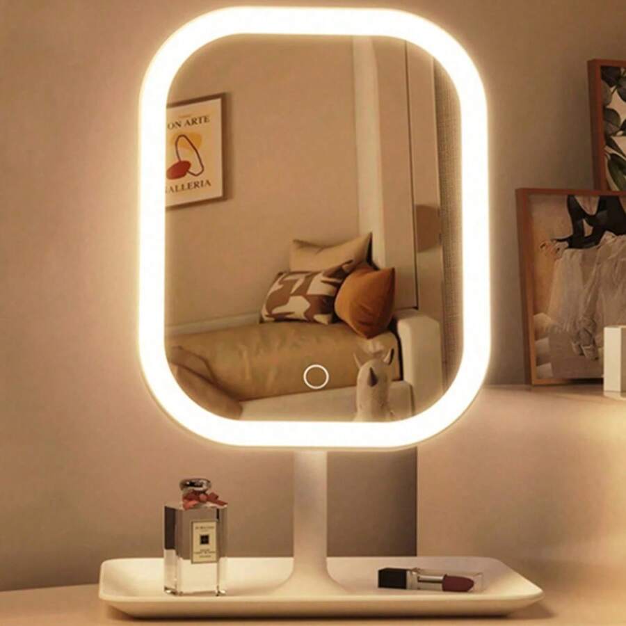 1 pieza Espejo de Maquillaje LED Cuadrado Iluminado, con Base Cuadrada,  Lindo, Portátil, Desmontable, de Alta Definición y Función de Relleno Táctil, Espejo de maquillaje ﻿ - Blanco y Negro - Ver 1