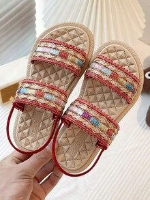 1双适合3-12岁女孩的串珠凉鞋 | 闪亮的彩色设计和红色绑带 | 柔软舒适的夏季儿童鞋，时尚活泼的休闲鞋 | 户外海滩度假派对