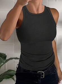 Damen ärmelloses Rundhalsausschnitt Basic Rippstrick Tight Fit Tank Top