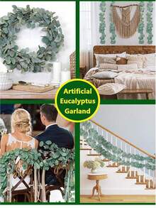 2 pièces Guirlande d'eucalyptus artificielle pour la décoration de la chambre, fausses fleurs de feuilles de soie d'eucalyptus à dollar argenté, couronne de verdure en rotin fait main. Convient pour le mariage, la remise des diplômes, la fête, la décoration intérieure et extérieure, l'arche, le mur, la porte, la cheminée, les fenêtres et le dîner à la maison