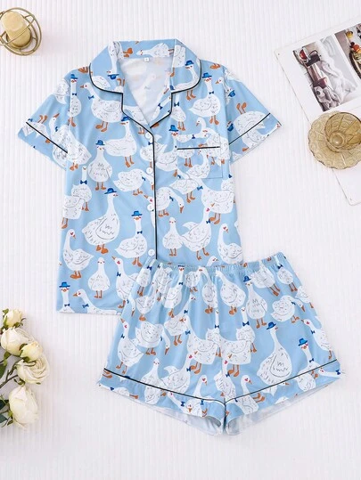 Marira 2pcs Ducky Print Women Pajama Set, Short Sleeve Shirt Collar Button Up Blouse And Elastic Waist Shorts, Loungewear Holiday Party Sleepwear, Casual All Season Home & Outdoor Women Pajamas, Cool Light Blue