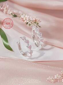 Artepollo 1pc 925 Sterling Silver Low Allergy Heart-Shaped Small Hoop Earrings With Pink Cubic Zirconia, Exquisite And Elegant Gift For Girls, Friends - Silver - View 1